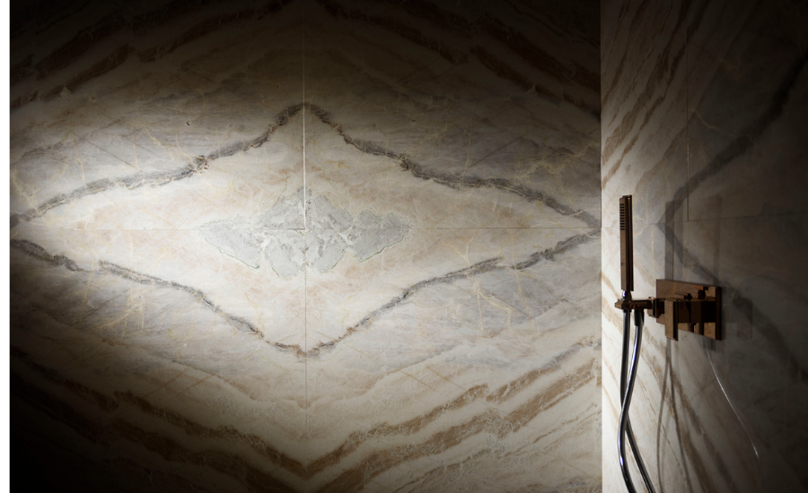 Book-match design composed by four slabs of Corteccia® soft quartzite